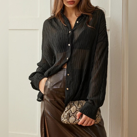 Black Women's Sheer‎ Button Down Long Sleeve Top Commense Small - Picture 1 of 6